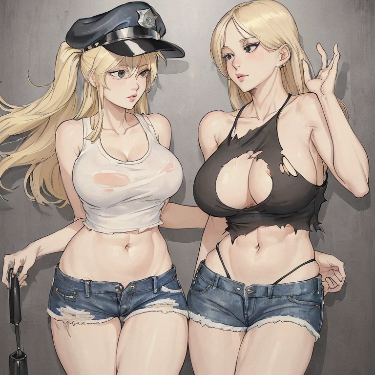 One beautiful blonde woman, black police hat, white tank top, belly button visible, torn denim shorts