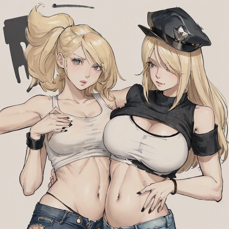 One beautiful blonde woman, black police hat, white tank top, belly button visible, torn denim shorts
