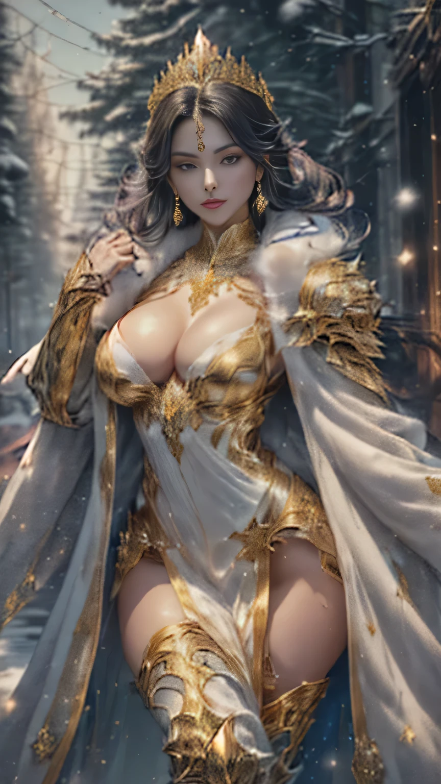((((full body portrait, full body shot)))), 1woman,1female,((milf,mom,mature,mature woman,45 years old female,adult)),((((european girl)))),(Female Warrior:1.2), Detailed armor, delicate armor, gold decorated armor, elf styled sword in hand, holding elf styled sword, shiny sword, highly decorated sword, (large breasts:1.5),saggy breasts,(((black hair:1.4,dark hair,straight hair,long ponytail hair:1.4,colored inner hair))),(((silver_eyes:1.3))),intricate eyes,beautiful detailed eyes,symmetrical eyes,((((white skin:1.4,lustrous skin:1.5,bright skin: 1.5,skin tanned,shiny skin,very shiny skin,shiny body,illuminated skin)))),(spider lower abdomen,narrow waist,wide hip,bimbo body,inflated legs,thick thighs),(((detailed face))), (cute,slutty,sensual,seductive look,seductive,((erotic)),opulent,sumptuous,longingly,(nsfw), queen,goddess,fantasy,(sexy clothes, princess warrior outfit,jewelry,sheer loincloth, pelvic curtain, midriff, bracelets,princess crown, delicate crown, intrincate crown design),((eyeshadow,elegant makeup,eyelid makeup,gold lips,gold lipstick)),((Transparent cloth:1.1)), (((Sexy fur coat, fur coat outfit, wearing a fur coat:1.3,winter coat))),(fantasy golden jewelry,intricate necklace, princess tiara, delicate tiara, highly detailed tiara design),(((intricate outfit,intricate clothes,embroidered outfit,golden ornate outfit, fur armored thight high boots, gold ornated armor boots))), (dynamic pose:1.0),embarrassed, ((snowy pine forest)),winter,scenery:1.25,((intricate scenery)),((snow forest background)), (Glossy winter ornaments),highres,sharp focus details,(ultra detailed,extremely detailed),(photorealistic artwork:1.37),(extremely detailed CG unity 8k wallpaper),(((vibrant colors,vibrant theme))),(intricate),(masterpiece),(best quality),