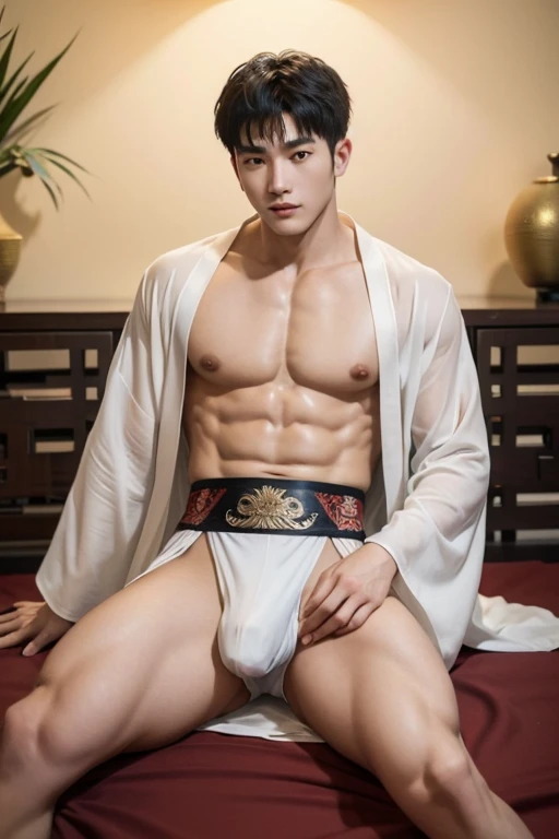 Chinese God, legend, China&#39;s Odyssey, handsome, blink, topless, muscle, Athlete's body, full frame, sexy, professional lighting, Hanfu costume, ancient chinese dress,to break out,Split your legs,chinese heaven background, Bulge under panties, Hanfu warrior, King Hanfu, Hanfu man, Hanfu Nobel, seduce, Sexual appeal,Separate your legs slightly.,Open the bottom,Long, large convex crotch