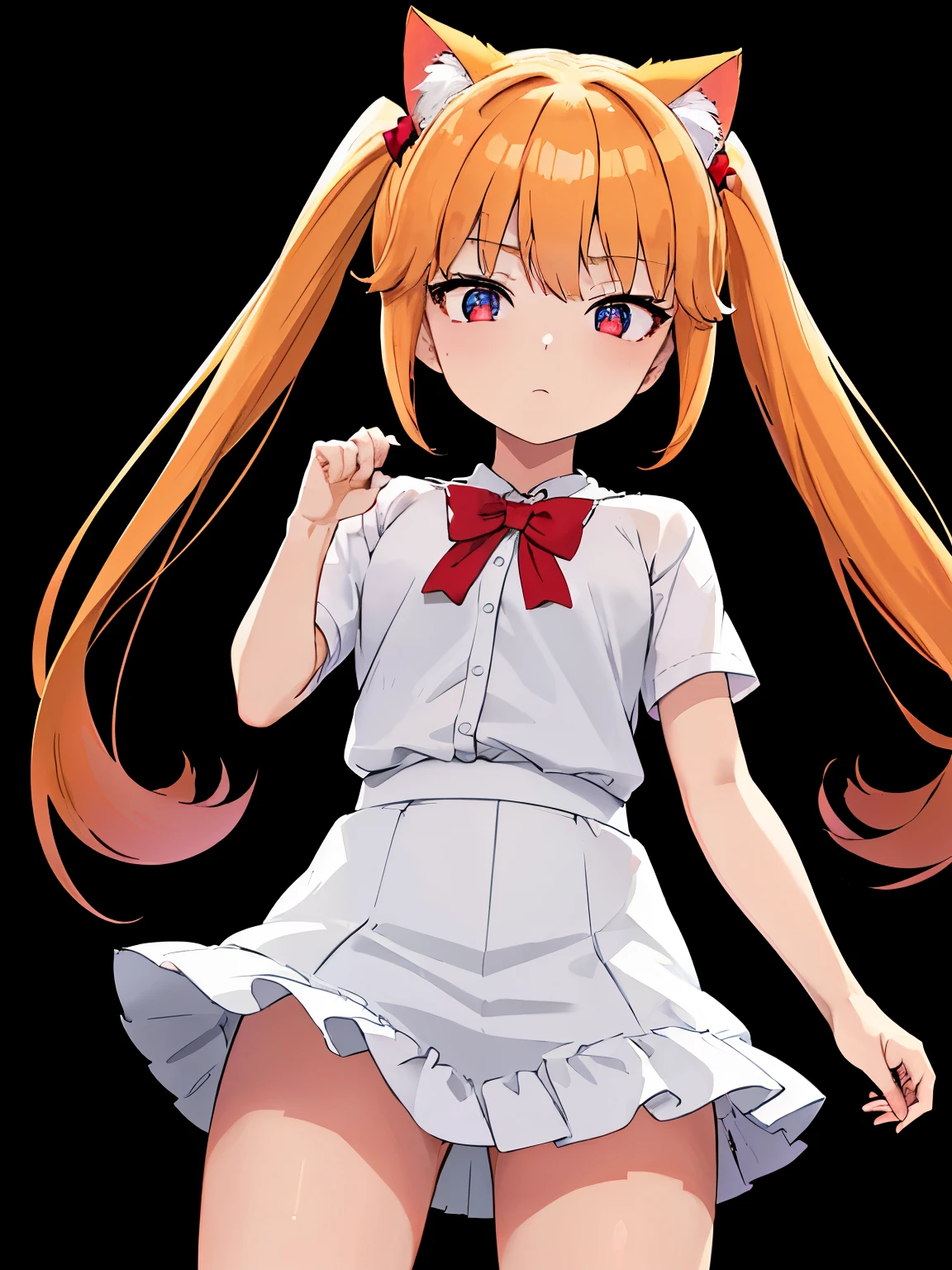 Alisa Southern Cross, Alisa Southern Cross, long hair, hair ornaments, animal ears, twin tails, (red eyes:1.3), Cat ear, orange hair, break skirt, shirt, bow, white shirt, short sleeve, wing, break looking at viewer, (cowboy shot:1.5), break (masterpiece:1.2), highest quality, High resolution, unity 8k wallpaper, (figure:0.8), (detailed and beautiful eyes:1.6), highly detailed face, perfect lighting, Very detailed CG, (perfect hands, perfect anatomy),nsfw