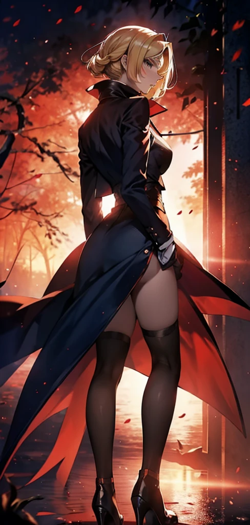 blonde woman,long coat,mini skirt,Rear view,silhouette,sexy body,red forest,Red Moon,Red Night,