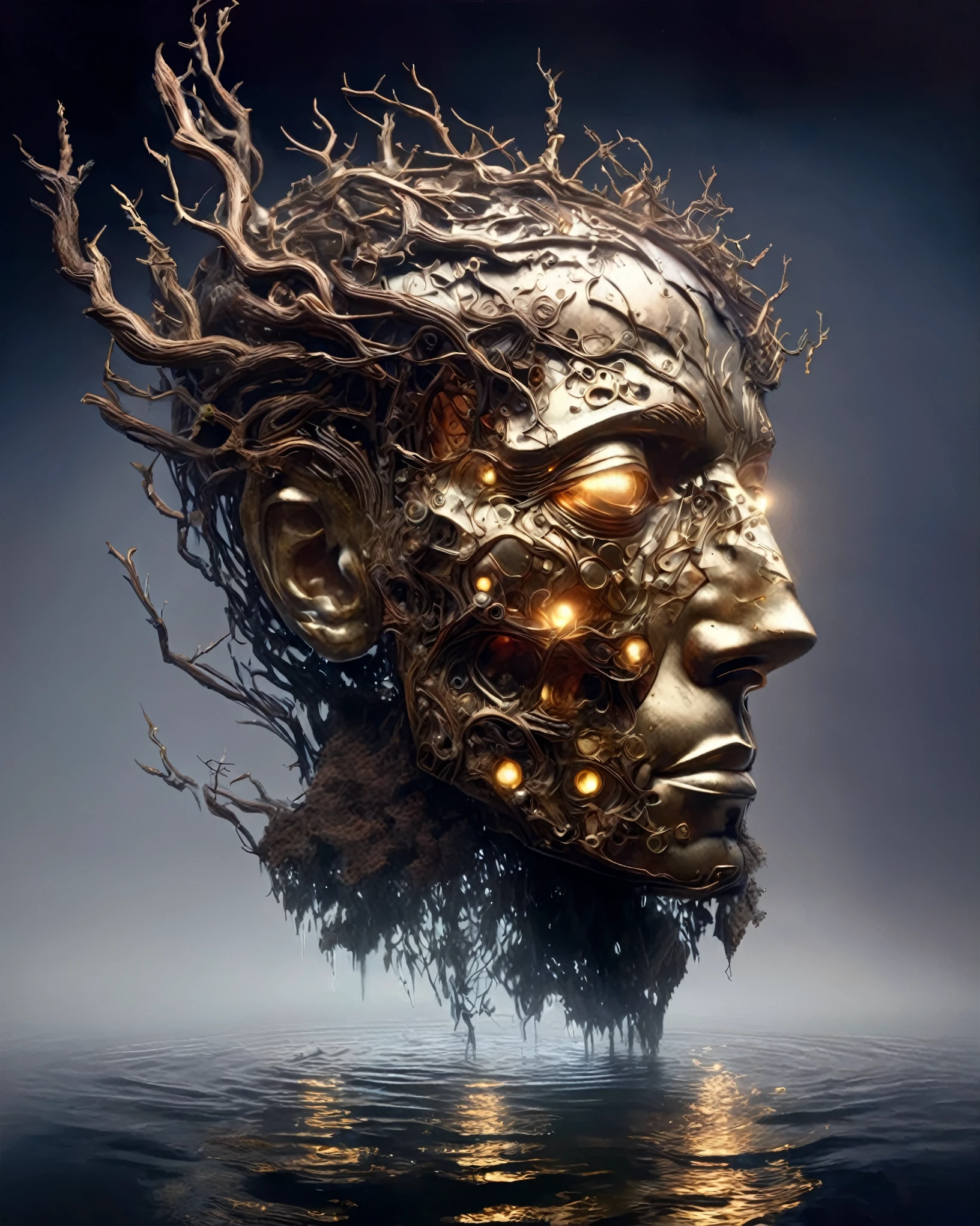 in style of conté artwork, portrait, beautiful detailed，Portrait of a huge head sculpture falling in water，Great Wilderness，Dense fog，old，Dead branches，Art style of Philip Hodas，Matte of the human soul, realism ，BDO works by American digital artist Stuart Lippincott，Use advanced tones and shading，Creates a dazzling and mysterious light，The deep spatial pattern and mysterious atmosphere,Create a sci-fi mechanical god realm,Highlighting the insignificance of human beings，and fear of the unknown，minimalist art，fantasy，Surrealism，Handsome man&#39;s face