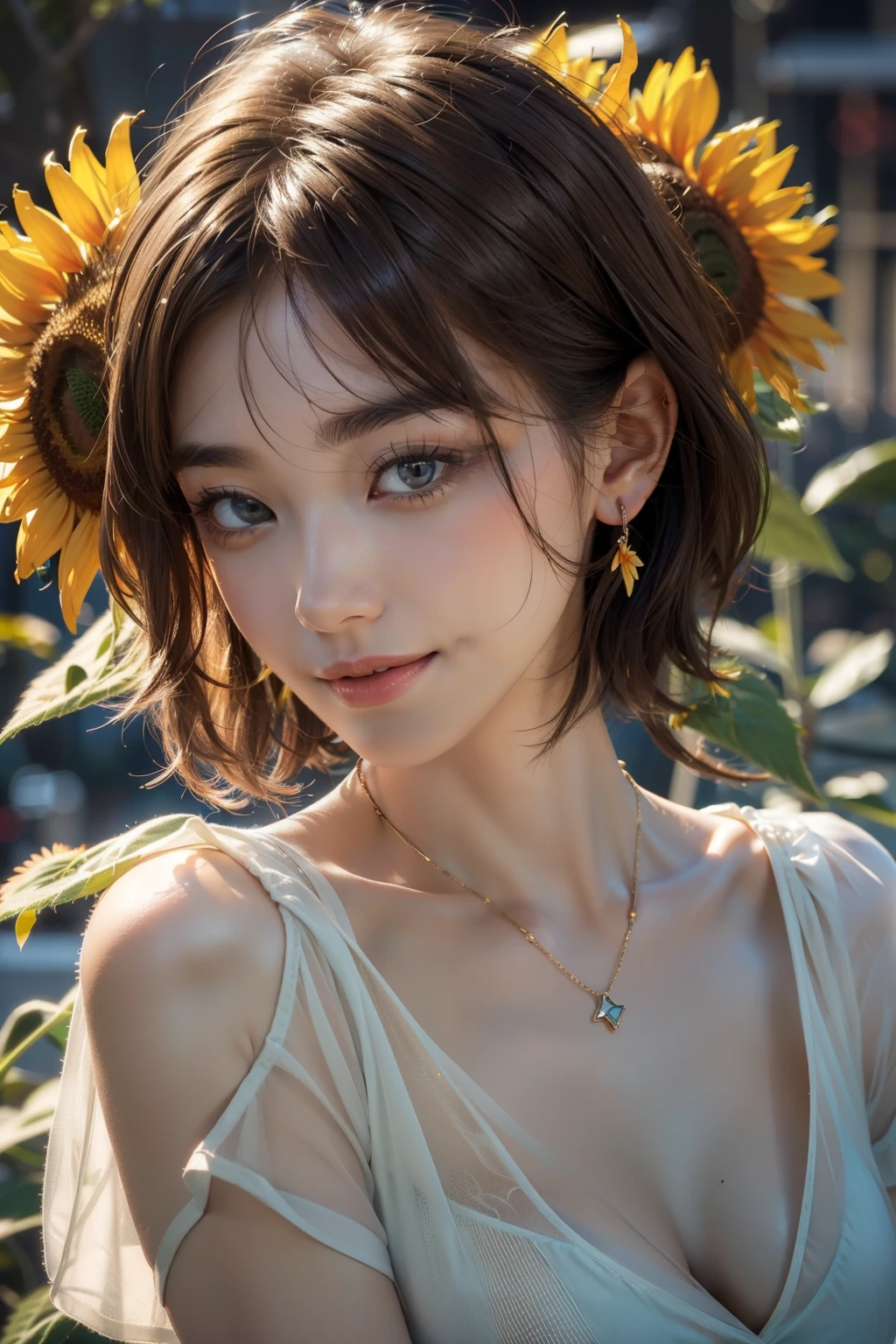 (HighestQuality, 8K,32k,masterpiece, UHD:1.2),extremely detailed CG unity 8K wallpaper,intricate details,Raw photo,(realistic:1.4),atmosphere,ultra high resolution,genuineistic,genuine,Huge_file size,incredibly absurd,(in the center:1.3),ultra illustration,(Super detailed),dramatic lighting,different colors,Depth of the bounds written,art：Krenz Kushart,golden hour lighting,Photographed with Canon EOS,SIGMA art lens 35mm F1.4,ISO200 Shutter speed 2000,blurred background,
break,
1 girl,(smile:1.4),Because I&#39;m slender,(short hair with see-through bangs,:1.4),alone,20 year old Japanese beauty, (sunflower park, lightgreen shirt,:1.5),(light brown hair:1.5),((brown eyes)),largechest,chest, Soft white skin that shines in every detail,pale skin,very beautiful face,very well-shaped face,natural and realistic face,Highest,detailed and beautiful eyes,Impressive, large eyes,detailed eyes, smile, closed mouth, detailed mouth,lip details,glossy beautiful lips,glossy lips,simple earrings,necklace,jewelry, alone focus,low neckline,
break,
light from the front,cool,Are standing,sensual expression, break,
(dutch angle:1.4),looking at the viewer,
break,Tzuyu,Yui Aragaki,