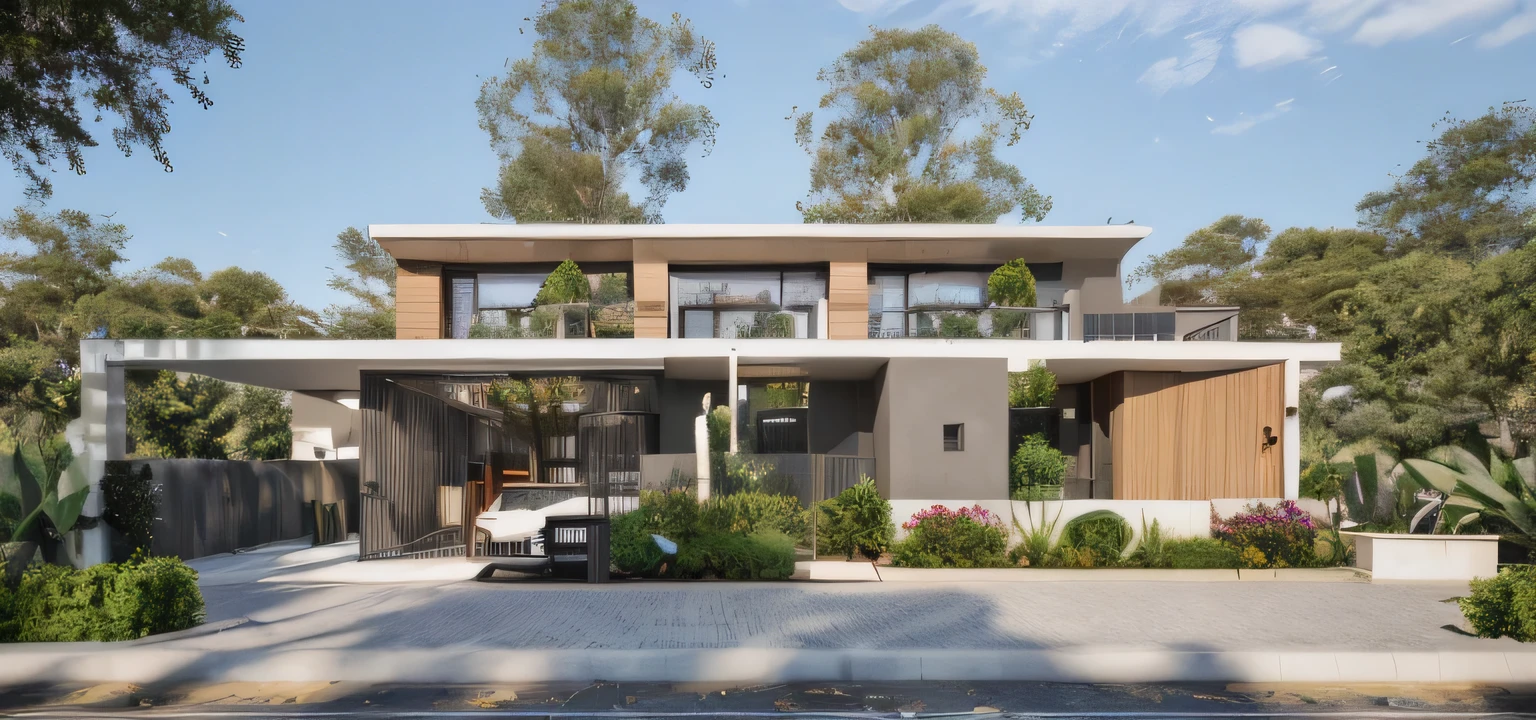 Townhouse in city, daylight,warm light, (sharp focus) front view of townhouse in style of modern, Vietnamese architecture ,mutual colours, soft lighting, warm atmosphere,high Resolution, hyper detailed,8k, hdr, ,vray render, hyper realistic,exterior design , professional photography, exterior photography,wide-angle shot , ultra detail, real world location, road sign, cityscape, pavement, ground vehice, cloudy sky. doors and windows are made by Xingfa. bancony have many trees , ivys, palms. black iron frame. wooden ceiling, ceiling light, black iron gate