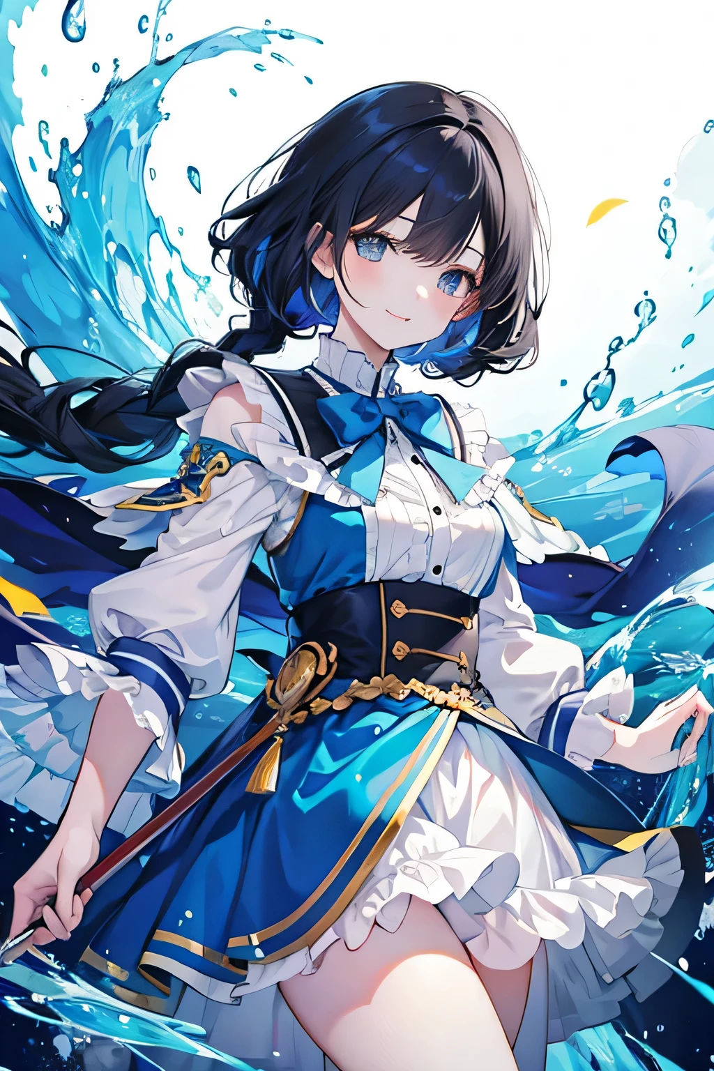 highest quality, masterpiece, High resolution, 8K, Anime style  in luminous blue shirt and skirt, one person, detailed line drawing, Bright white and bright amber style, digital enhancement, anime core, flowing fabric, close, The length of the hair is up to the shoulder opening.、short braids, beautiful black hair, smile, Angle of looking up