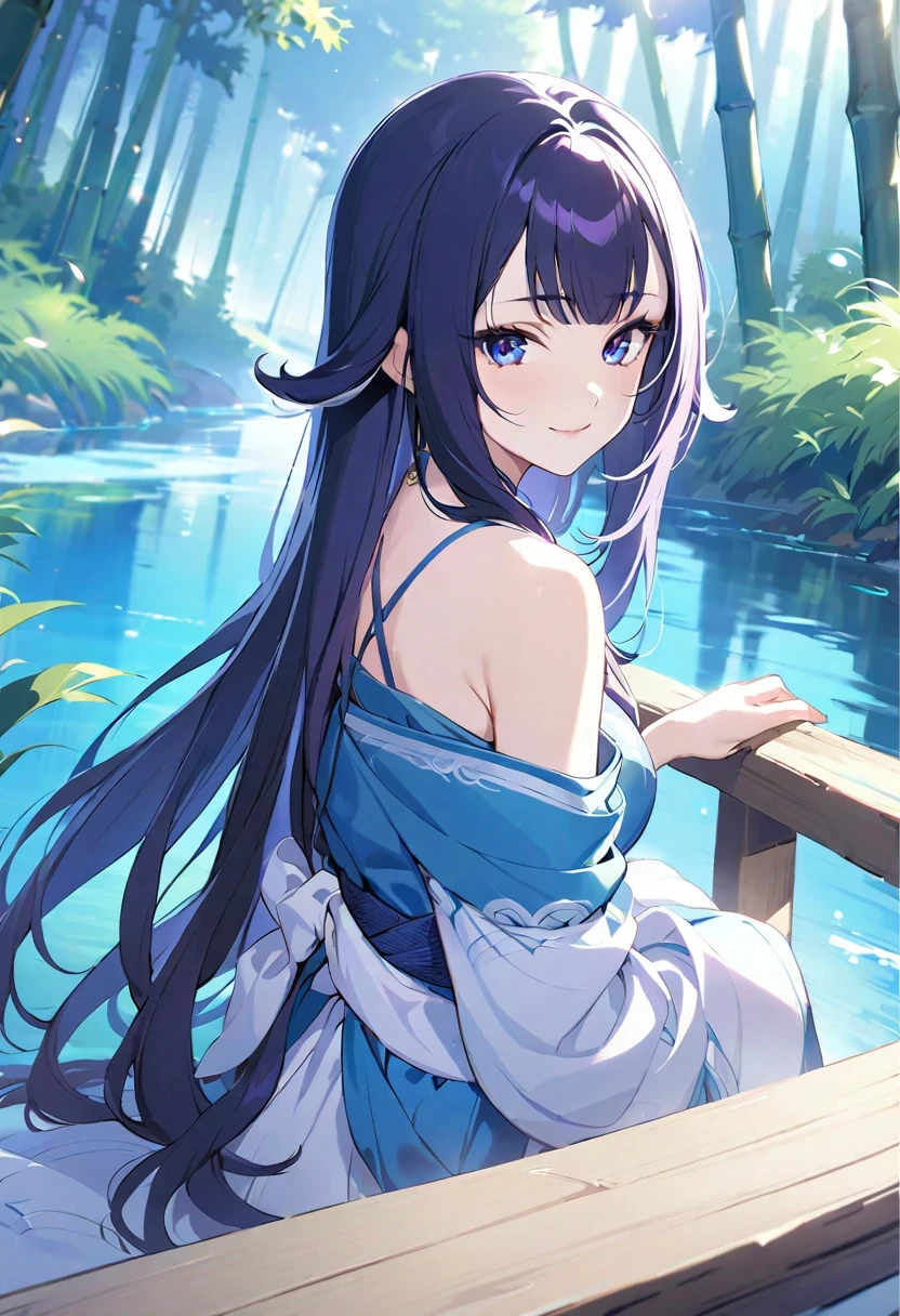 (((shylily))),,masterpiece, best quality, official art, 8k wallpaper, highly detailed, illustration, 1 girl, , long hair, detailed eyes, forrest, bare shoulders, hanfu,lakes, pure, soft smile,bamboo,Tea