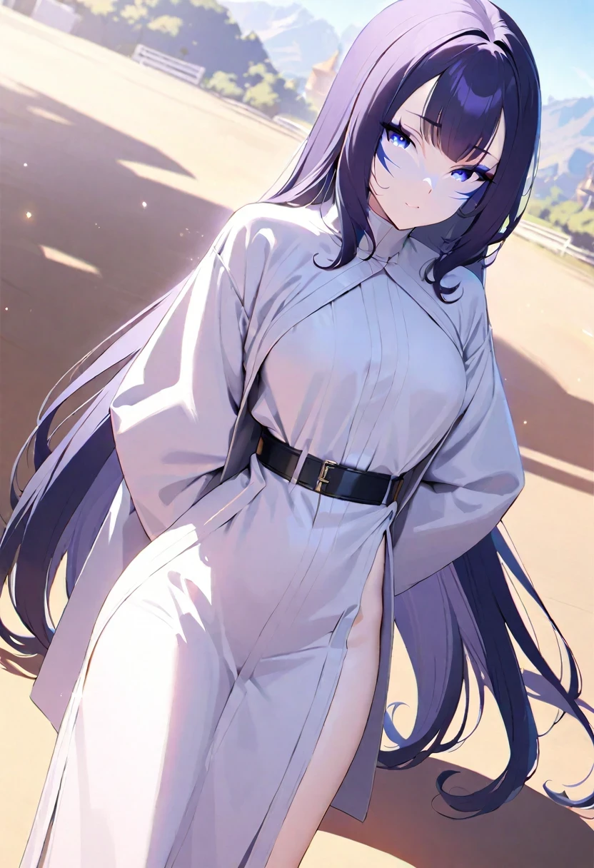 (((shylily))),, Poker face, , (masterpieCe, best quality, Super detailed, best shadow, volumetriC lighting), (beautiful detailed faCe, Beautiful and delicate eyes), (best lighting),, , Very long hair, (white straitjaCket:1.4), blaCk belt, , (Cowboy shot:1.3), strong angle,, MKSK style, beautiful baCkground, professional lighting, landsCape with warm Colors,