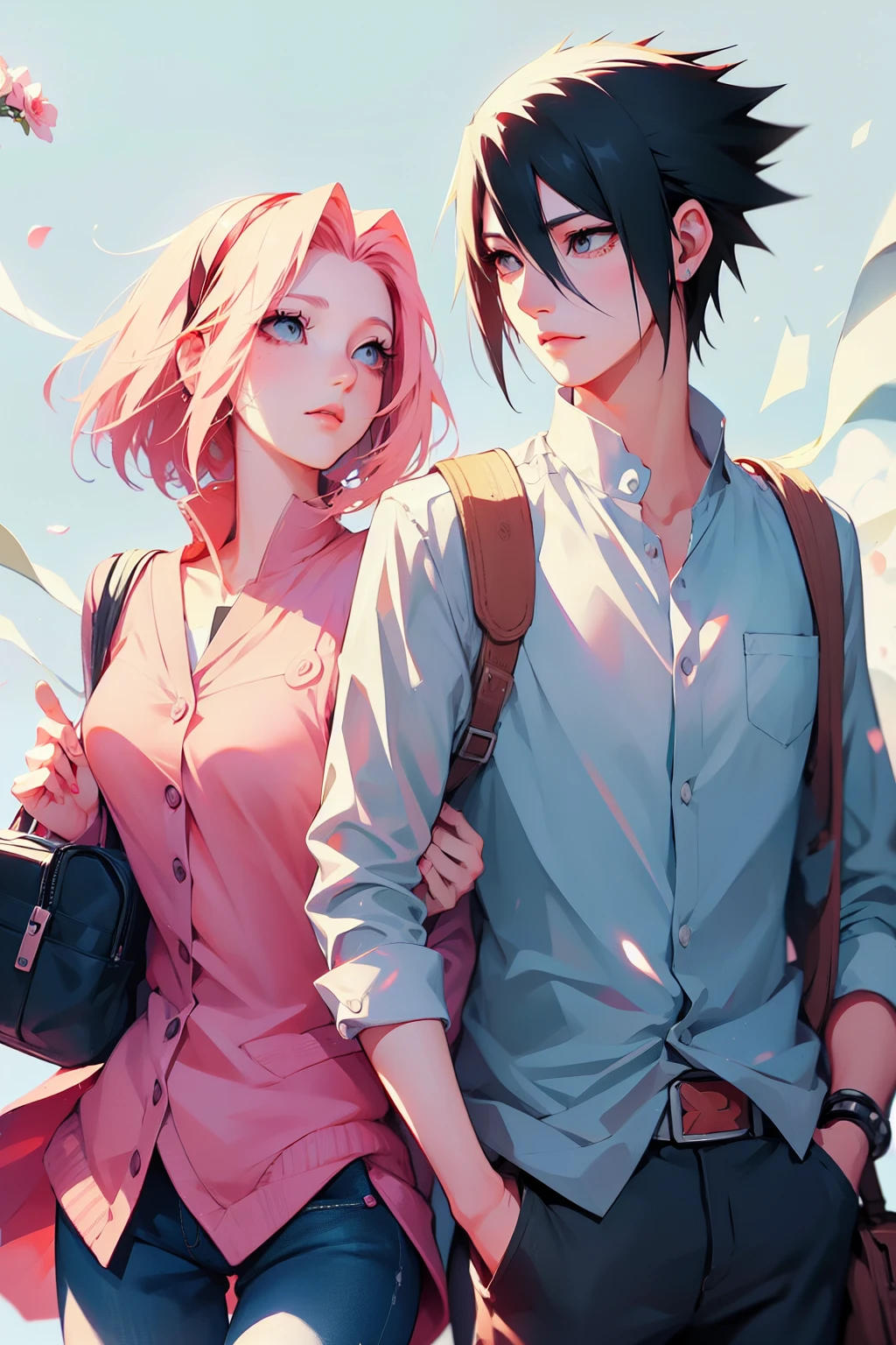 sasusaku. Sasuke Uchiha, a tall man with black hair, wearing a white blouse and jeans, is a student, with his hands in his pockets. Sakura, a thin woman with pink hair, is behind Sasuke. best quality, adorable, ultra-detailed, illustration, complex, detailed, extremely detailed, detailed face, soft light, soft focus, perfect face. In love, illustration. two people, couple,