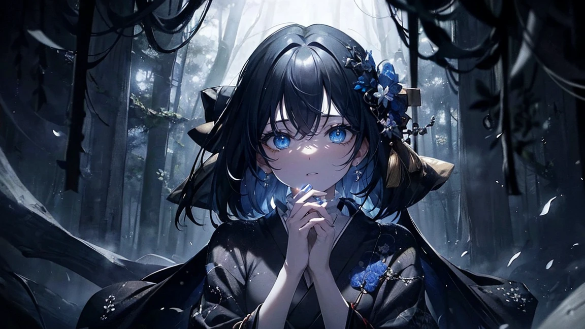 (masterpiece,highest quality,Super detailed),1 girl, Black and navy blue hair,Beautiful and dense face, fine eyes,looking at the viewer, face of great sadness,(scream),open mouth,(large tears),(tears are falling,1,2),kneeling on the ground,Stretch your right hand out wide and open your palm.,blue eyes,((gray theme),pale skin,japanese kimono, shining eyes,((night)),dark environment, (((fresco,fresh picture))),in the forest,