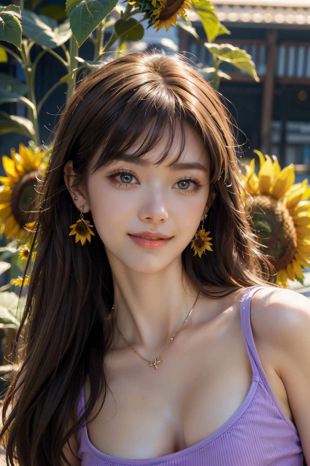 (HighestQuality, 8K,32k,masterpiece, UHD:1.2),extremely detailed CG unity 8K wallpaper,intricate details,Raw photo,(realistic:1.4),atmosphere,ultra high resolution,genuineistic,genuine,Huge_file size,incredibly absurd,(in the center:1.3),ultra illustration,(Super detailed),dramatic lighting,different colors,Depth of the bounds written,art：Krenz Kushart,golden hour lighting,Photographed with Canon EOS,SIGMA art lens 35mm F1.4,ISO200 Shutter speed 2000,blurred background,
break,
1 girl,(smile:1.4),Because I&#39;m slender,(Long straight hair with see-through bangs,:1.4),alone,20 year old Japanese beauty, (sunflower park, lightpurple shirt,:1.5),(light brown hair:1.5),((brown eyes)),largechest,chest, Soft white skin that shines in every detail,pale skin,very beautiful face,very well-shaped face,natural and realistic face,Highest,detailed and beautiful eyes,Impressive, large eyes,detailed eyes, smile, closed mouth, detailed mouth,lip details,glossy beautiful lips,glossy lips,simple earrings,necklace,jewelry, alone focus,low neckline,
break,
light from the front,cool,Are standing,sensual expression, break,
(dutch angle:1.4),looking at the viewer,
break,Tzuyu,Yui Aragaki,