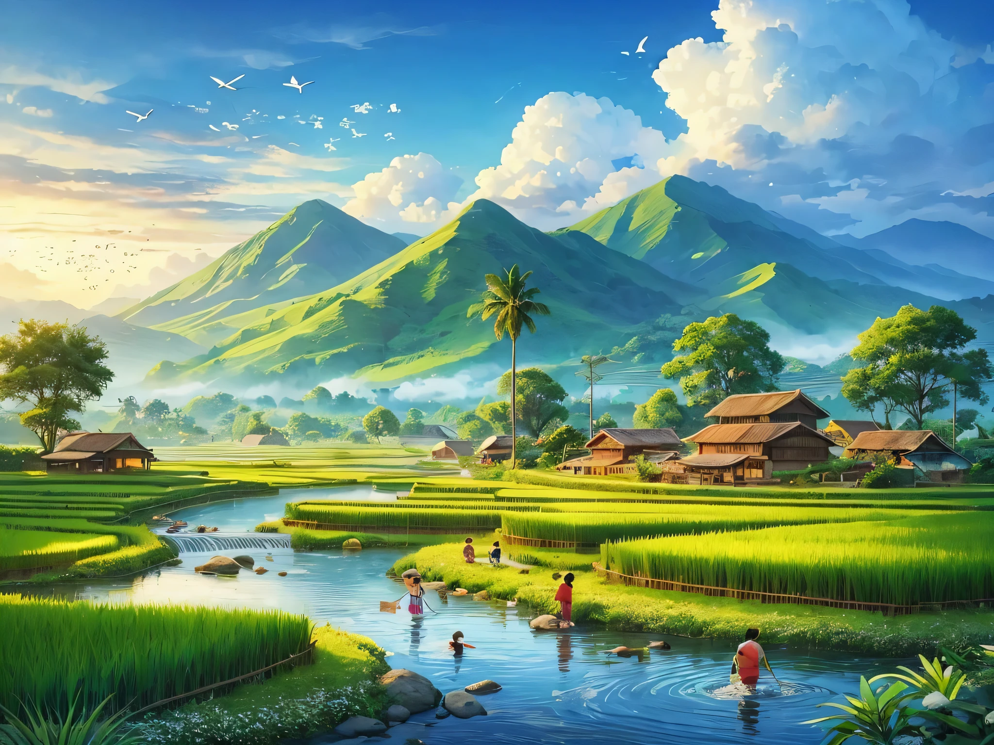 a beautiful rural picture with green rice fields, high mountains and bright blue skies, there is also a river which creates a beautiful rural atmosphere, there are small children playing on the edge of the rice fields, impressionism.