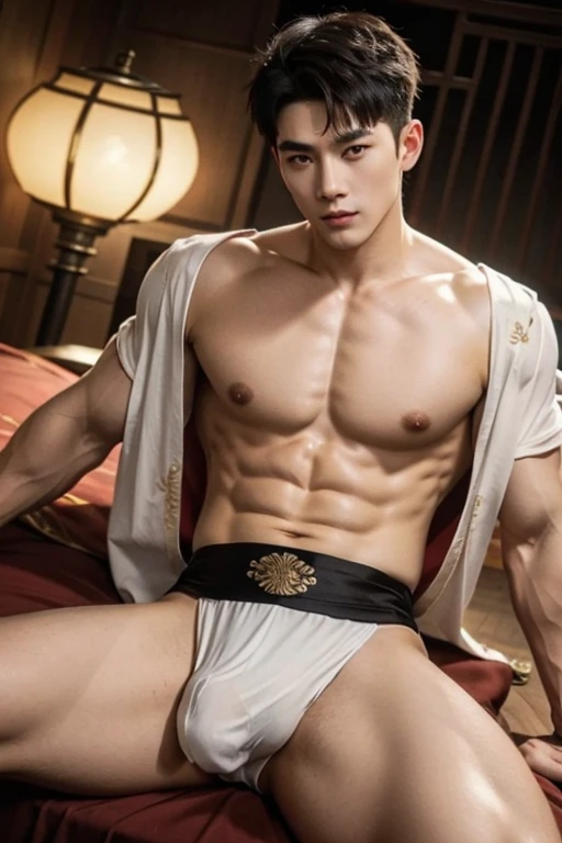 Chinese God, legend, China's Odyssey, handsome, blink, topless, muscle, Athlete's body, full frame, sexy, professional lighting, Hanfu costume, ancient chinese dress,to break out,Split your legs,chinese heaven background, Bulge under panties, Hanfu warrior, King Hanfu, Hanfu man, Hanfu Nobel, seduce, Sexual appeal,Separate your legs slightly.,Open the bottom,Long, large convex crotch