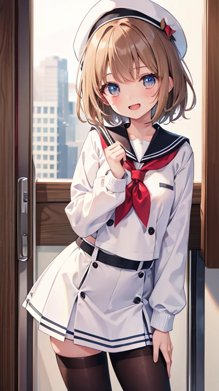 light brown hair。fluffy hair。short hair。Gauze on cheek。high school student。sailor suit。long sleeve。lively atmosphere。high resolution。High quality。School。smile。smiling with open mouth。