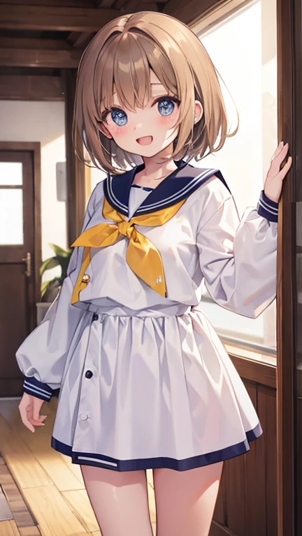 light brown hair。fluffy hair。short hair。Gauze on cheek。high school student。sailor suit。long sleeve。lively atmosphere。high resolution。High quality。School。smile。smiling with open mouth。