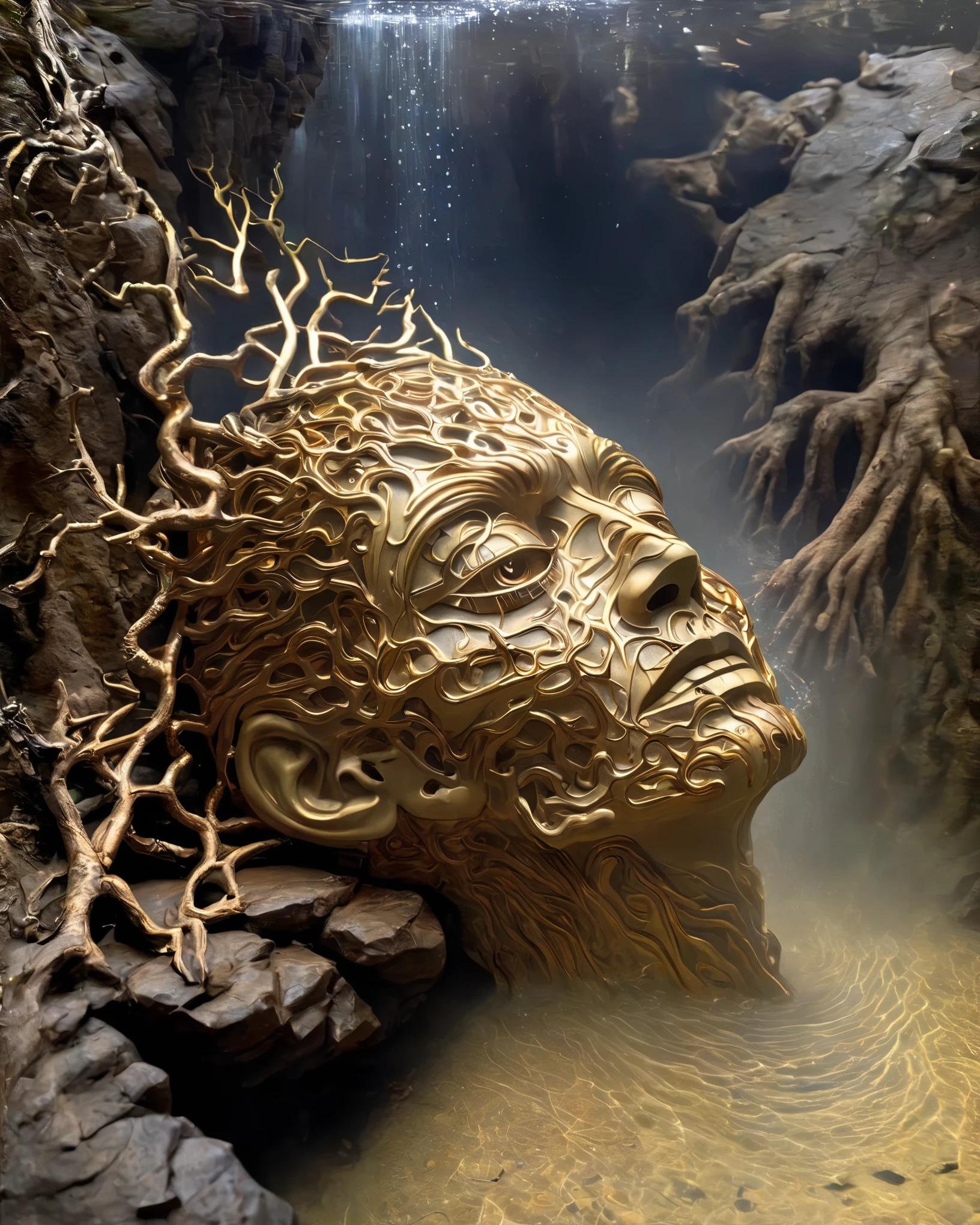 (Looking up angle），Big Dumb Object，Portrait of a huge head sculpture falling in water，Great Wilderness，Dense fog，old，Dead branches，Art style of Philip Hodas，Matte of the human soul, realism ，BDO works by American digital artist Stuart Lippincott，Use advanced tones and shading，Creates a dazzling and mysterious light，The deep spatial pattern and mysterious atmosphere,Create a sci-fi mechanical god realm,Highlighting the insignificance of human beings，and fear of the unknown，minimalist art，fantasy，Surrealism，Handsome man&#39;s face