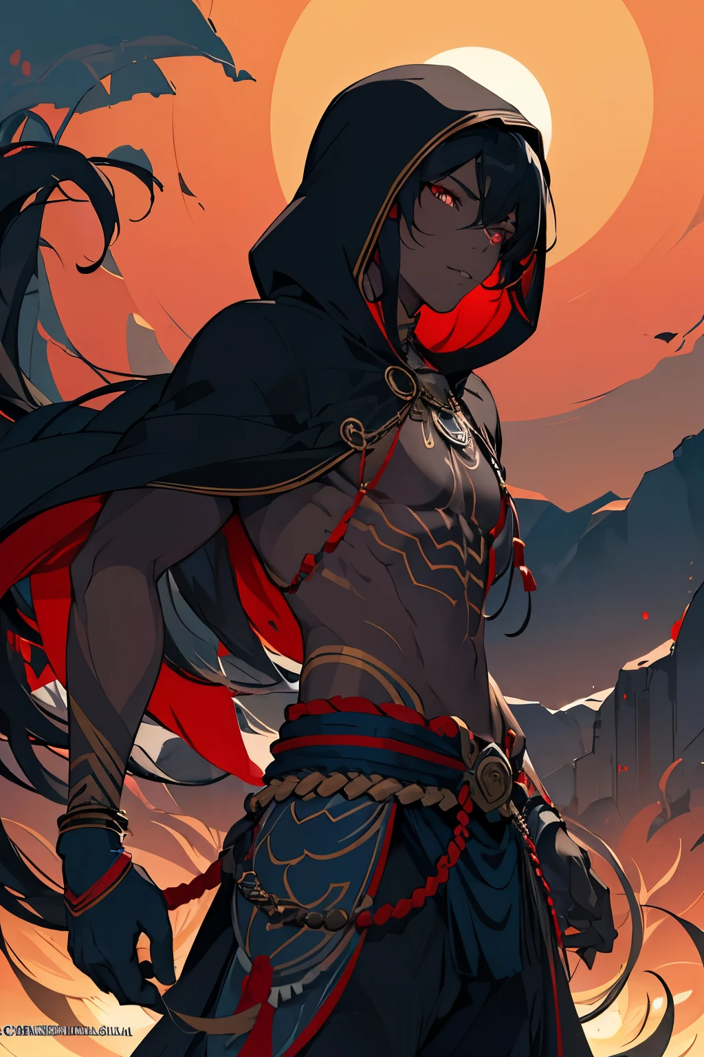 Ultra Detailed, 1boy, Official Art, Unity 8k Wallpaper, fanart, commissioned art, professional artist, digital art, alluring, face, ((flat color)), ((celshade)), african tribal guyl, tribal people, dark skin, african race, african tribe, african skin, black shirt, black hoodie, red eyes, black long pants, black gloves
