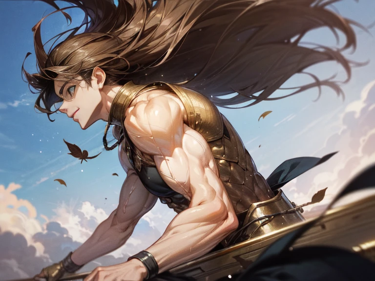 Front view dynamic camera angle, Buff boy muscular body with detailed skin and detailed muscles, floating hair and windy leaves, gold armour, brown hair