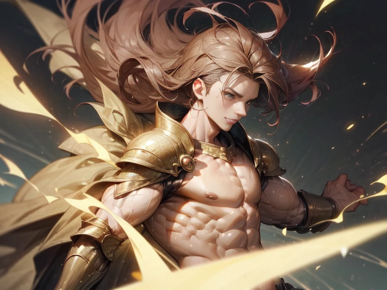 Front view dynamic camera angle, Buff boy muscular body with detailed skin and detailed muscles, floating hair and windy leaves, gold armour, brown hair