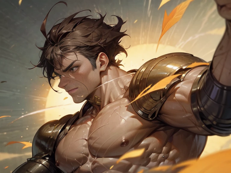 Front view dynamic camera angle, Buff boy muscular body with detailed skin and detailed muscles, floating hair and windy leaves, gold armour, brown hair