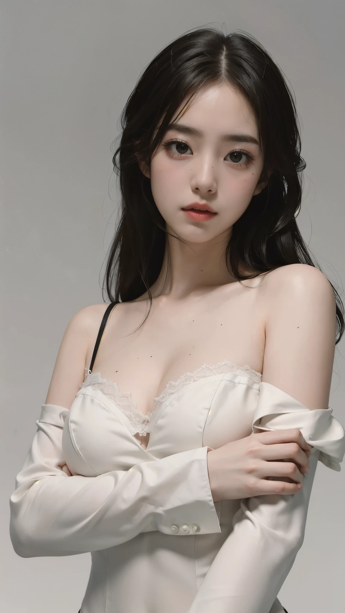 8k, best quality, masterpiece, realistic, ultra detail, photo realistic, Increase quality, look at viewer, soft expression, simple background, (leotard bodysuit), (thighhigh), fashion, large breast, lace, bare shoulder