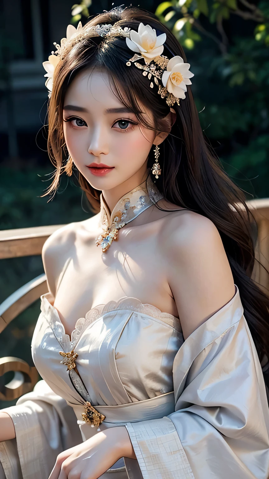 The face of the Chinese beauty is gentle and graceful, bearing the distinctive features of East Asian culture such as smooth, fair skin and deep, almond-shaped eyes. Her eyes are like two precious gems, exuding captivating beauty and allure.
Her eyebrows are meticulously groomed, softly arched to create an elegant and agile appearance. She possesses sparkling and mesmerizing eyes, showcasing femininity and sophistication.
As for her hair, Chinese beauties often wear long, soft, and glossy hair, creating a romantic and graceful look. Her hair may be tied up elaborately at the back or softly curled at the ends, evoking a classical and traditional beauty. She may adorn her hair with lotus flowers or other delicate accessories to enhance her beauty.
With a gentle face, sparkling eyes, and soft hair, the Chinese beauty in traditional costume is an epitome of elegance and allure, resembling a classical, dreamy painting that captivates onlookers.