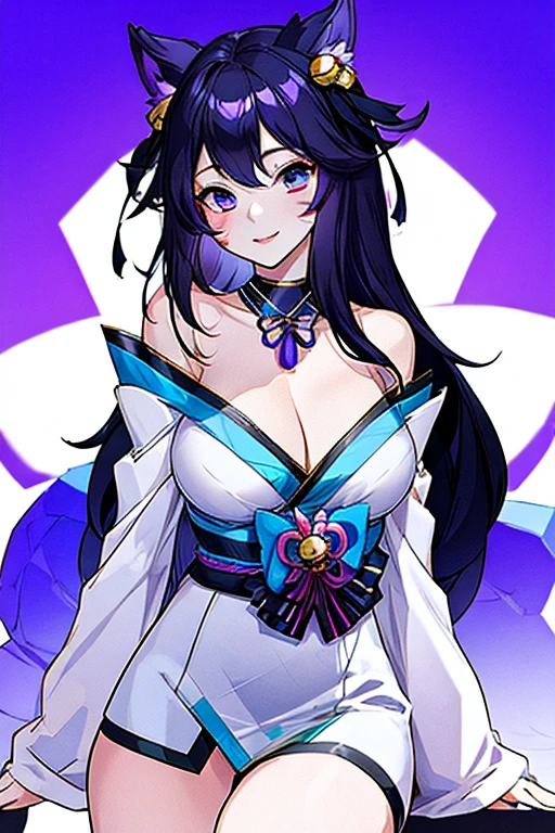 Black hair, long hair, purple eyes, beautiful body, masterpiece, smile,  ahri ahri \(league of legends\) k/da \(league of legends\) spirit blossom \(league of legends\)