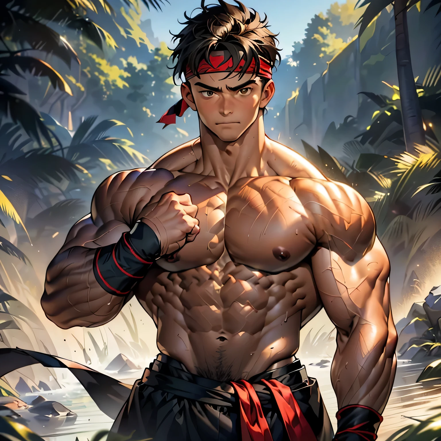 (Masterpiece, Best quality 19 year old boy, simple background, cowboy shot), solo, Young, boy, muscler, Shirtless, topless, (Dark Short straight hair, under cut, brown eyes), (red headband, ((black wristband, weist sash))), Vivid colors, (hot Abs:1.2, abs!, big abs, big breast:1.2, chest!, muscler upper arms, mighty fist, (upper body nudity:1.1)), (topless male), closed mouth, muscler!, muscler body, Man with martial arts stance, (aura power:1.4), detailed face, detailed muscle, ((( random fighting pose, aggressive, powerful, action, rippling muscles)))