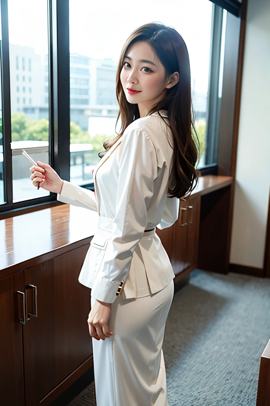 1 girl、35 years old、Luxury lounge that women seem to like、Office casual white-based outfit、Looking Back
