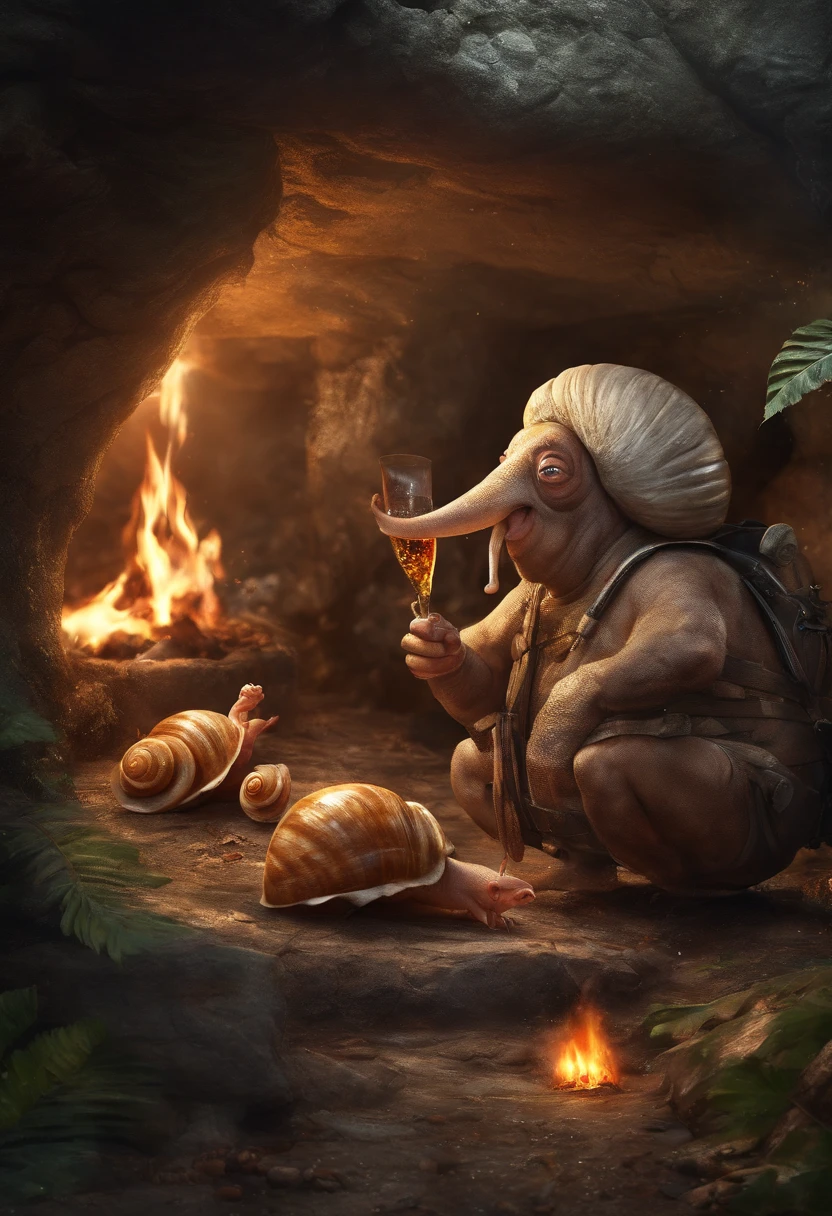 Snails in cave holding ceremony with fire. drinking beer. Eating food.