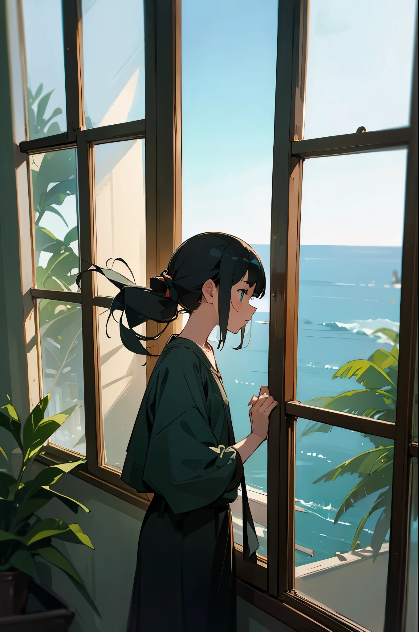 ((high quality)), ((masterpiece)), 8K, By the window on the second floor,I can see the sea,A girl looks out the window at dusk,LoFi,evening,plants by the window,Ghibli style,Stick your head out the window,There is a bed and books in the room.,elaborate face,profile,My hair sways in the wind,A composition of a girl standing by the window in her room, seen from outside
