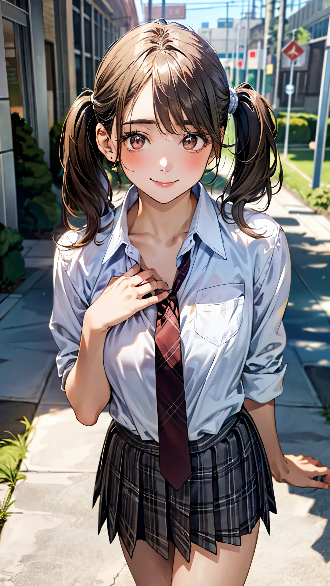 (masterpiece:1.3, top-quality, ultra high res, ultra detailed), (realistic, photorealistic:1.4), beautiful illustration, perfect lighting, natural lighting, colorful, depth of fields, surrealism,, 
beautiful detailed hair, beautiful detailed face, beautiful detailed eyes, beautiful clavicle, beautiful body, beautiful chest, beautiful thigh, beautiful legs, beautiful fingers, 
looking at viewer, 1 girl, high school girl, perfect face, (perfect anatomy, anatomically correct), cute and symmetrical face, babyface, , shiny skin, 
(middle hair:1.5, low twintails:1.2, brown hair), asymmetrical bangs, brown eyes, long eye lasher, (medium breasts), slender, 
((collared white shirt, gray plaid pleated skirt, dark red tie)), , 
(beautiful scenery), evening, (school hallway), (lovely smile, upper eyes), 