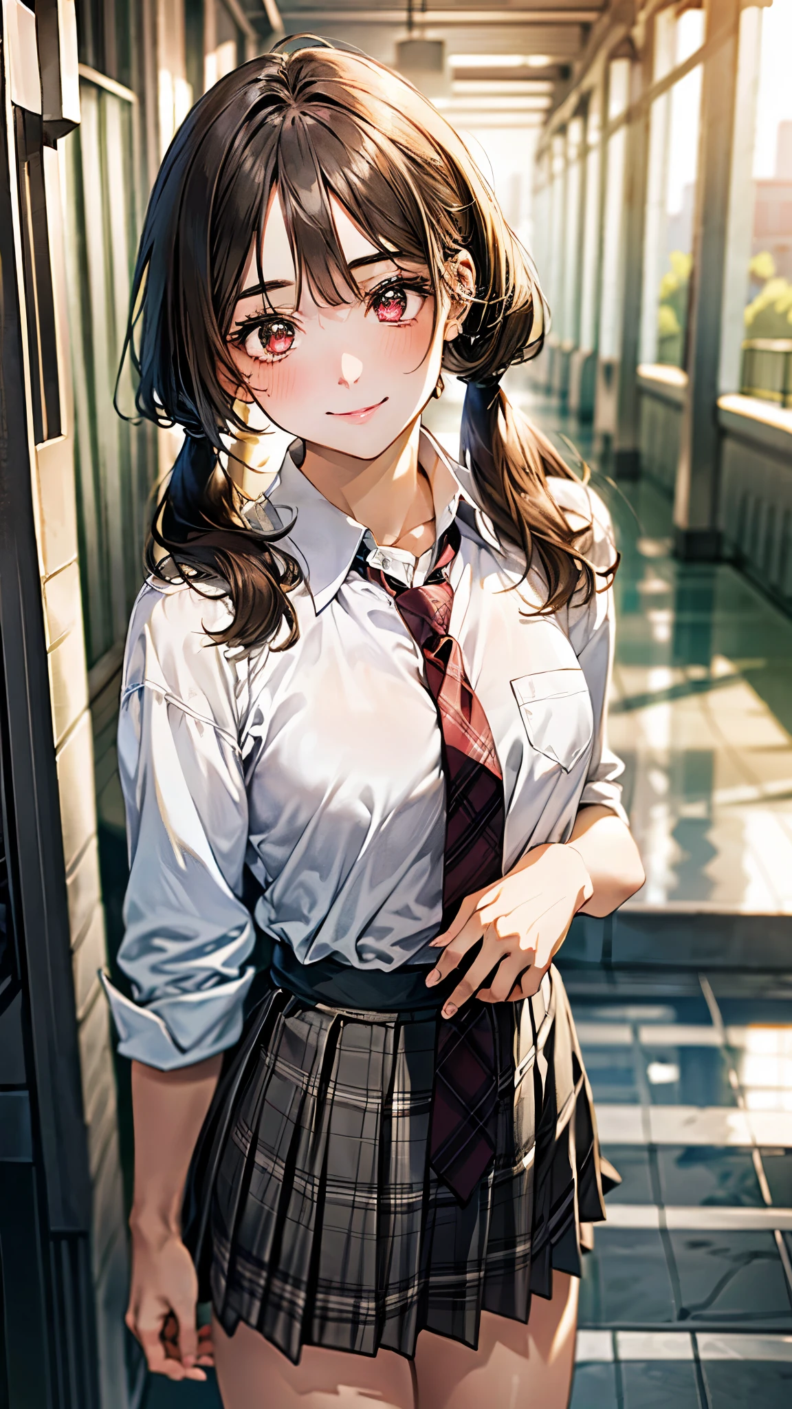 (masterpiece:1.3, top-quality, ultra high res, ultra detailed), (realistic, photorealistic:1.4), beautiful illustration, perfect lighting, natural lighting, colorful, depth of fields, surrealism,, 
beautiful detailed hair, beautiful detailed face, beautiful detailed eyes, beautiful clavicle, beautiful body, beautiful chest, beautiful thigh, beautiful legs, beautiful fingers, 
looking at viewer, 1 girl, high school girl, perfect face, (perfect anatomy, anatomically correct), cute and symmetrical face, babyface, , shiny skin, 
(middle hair:1.5, low twintails:1.2, brown hair), asymmetrical bangs, brown eyes, long eye lasher, (medium breasts), slender, 
((collared white shirt, gray plaid pleated skirt, dark red tie)), , 
(beautiful scenery), evening, (school hallway), (lovely smile, upper eyes), 