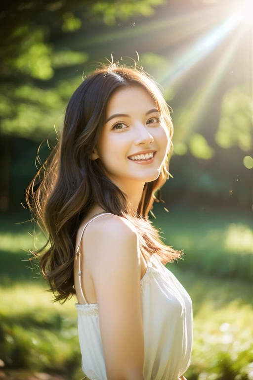 Generate an image of a serene woman in her twenties, with a peaceful forest scene in the background. Her hair is soft, her skin healthy and radiant, and she wears a gentle smile, showing her teeth. Her bright eyes are illuminated by natural light. Create an image that evokes harmony with the forest and a sense of tranquility