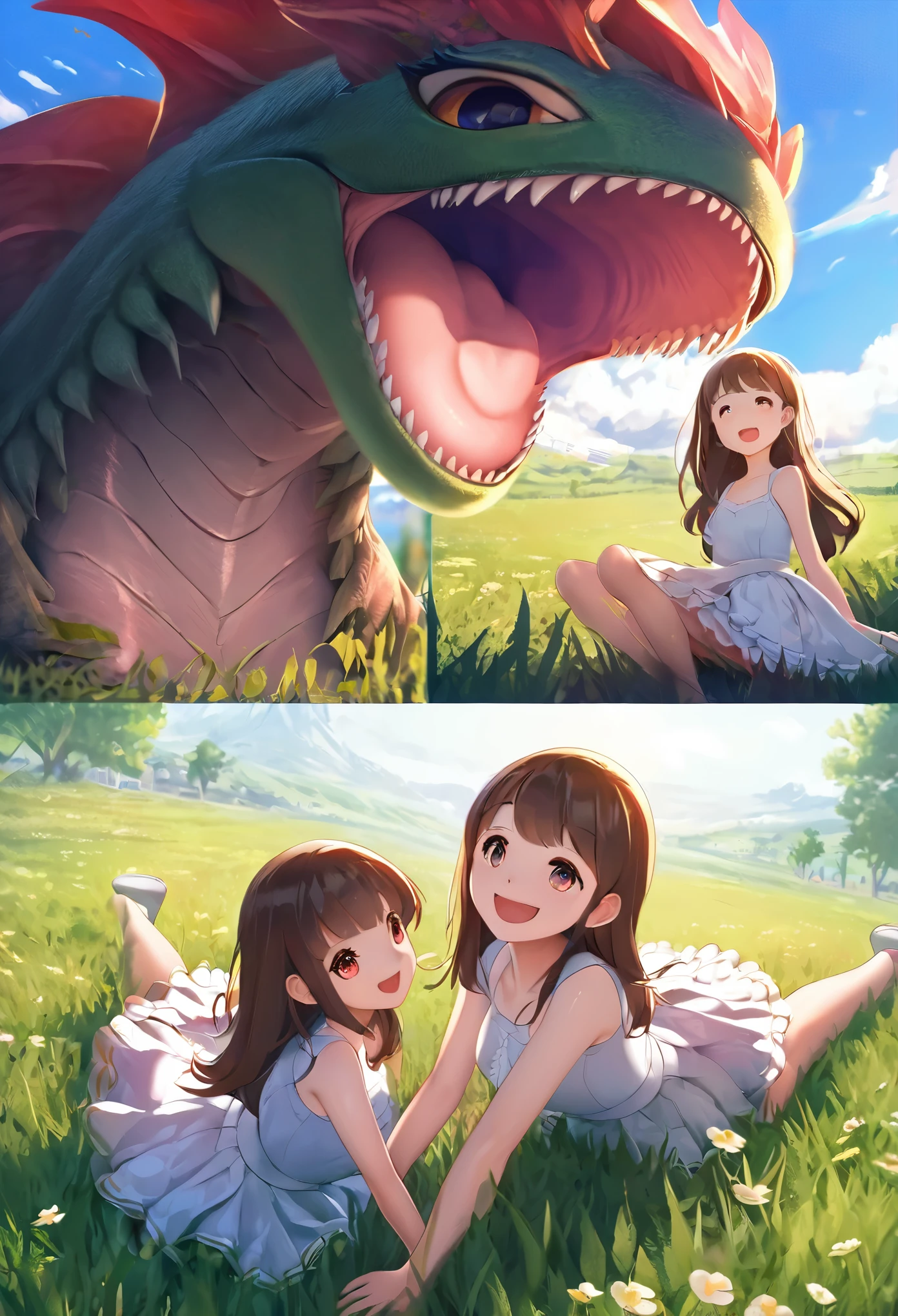 top quality, best quality, highres, masterpiece, super high resolution, detailed background, grass field, under refreshing blue sky, height difference, large monster, smile, hugs girl((movie of a monster and human girl))girl hugs monster, dress skirt, smile, open mouth, happy, joyful absurdres(highly detailed beautiful face and eyes)perfect anatomy, good lighting, cinematic shadow, assorted expressions, assorted poses, assorted angles, full body, upper shot, dynamic angle,