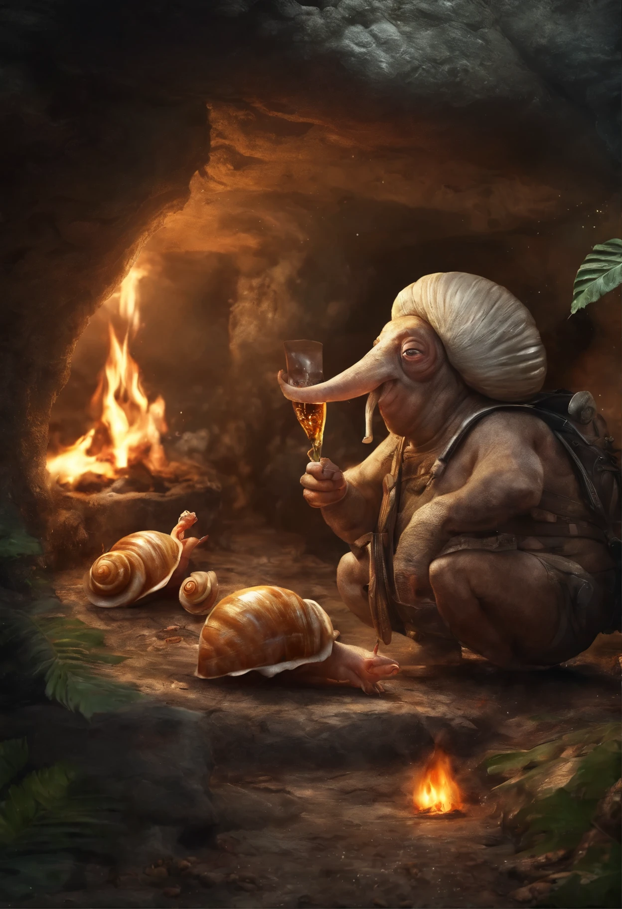 Snails in cave holding ceremony with fire. drinking beer. Eating food.
