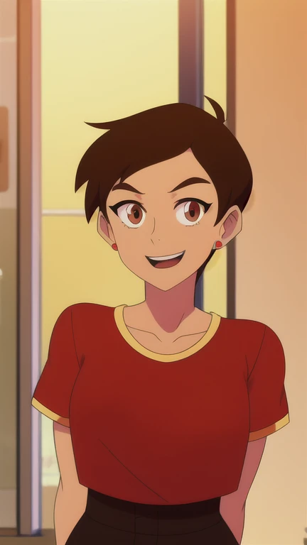 masterpiece, best quality, mawsLoisLane, 1girl, solo, black hair, short hair, brown hair, upper body, smile, shirt, red shirt, looking at viewer, indoor, arms behind back, open mouth, black leggings, earrings, sunlight, 