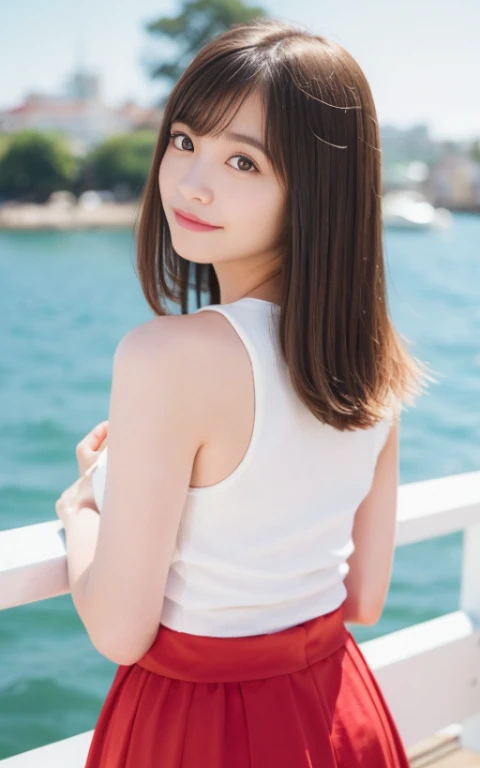 ((Best Quality, 8K, masutepiece: 1.3)), (Sharp Focus: 1.2), A quaint coastal fishing village with colorful boats, 1 girl, Full body, Turn your hands behind your back, stunning elegant pose，Neat and clean beauty, 20 years old, Half Japan and half American, Looking away, Classy and elegant, A pretty girl with perfect figure, shyly smile, Cute, Shy, ((Shoulder-length straight hair swaying in the wind, Bangs)), Big breasts, (Tank top: 1.1), Skirt, Highly detailed face and skin texture, Detailed eyes, Background bokeh，