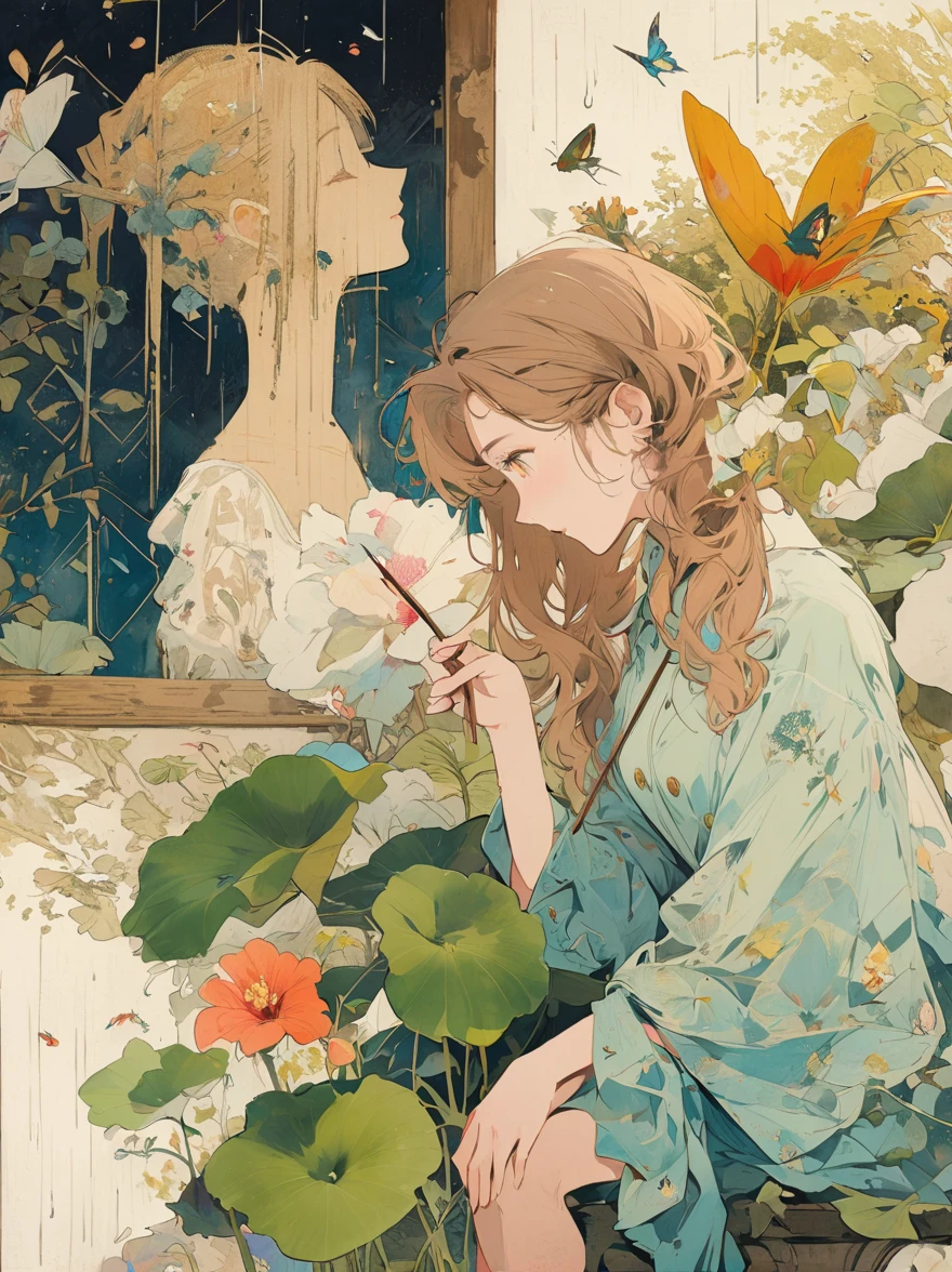 (painting:1.5), (National Science Foundation:1.2), A woman spins happily in the rain, 1 girl,flowery, Lycianthes ,Available in light pink and light blue styles..., Dreamy and romantic composition..., Flowers dropped on her face, Collage-based style, made from insects, William Wegman, colorism, White background, Pencil art illustration, National Geographic Photos, luxury, extravagant, fashionable, , abundant, grace, Breathtakingly beautiful, professional, high contrast, detailed, Describe a dreamlike appearance, whimsical scene,Elements appear to blend into the background, (Nurse in WWII costume ),, Eduardo Cobra (Eduardo Kobra) Quilting , Geometric walls, portrait, until, chibi,
yang08k, fair, dyeing,
Main works, better quality, better quality, official art, Beautiful and beautiful, best posture,perfect fingers, touching