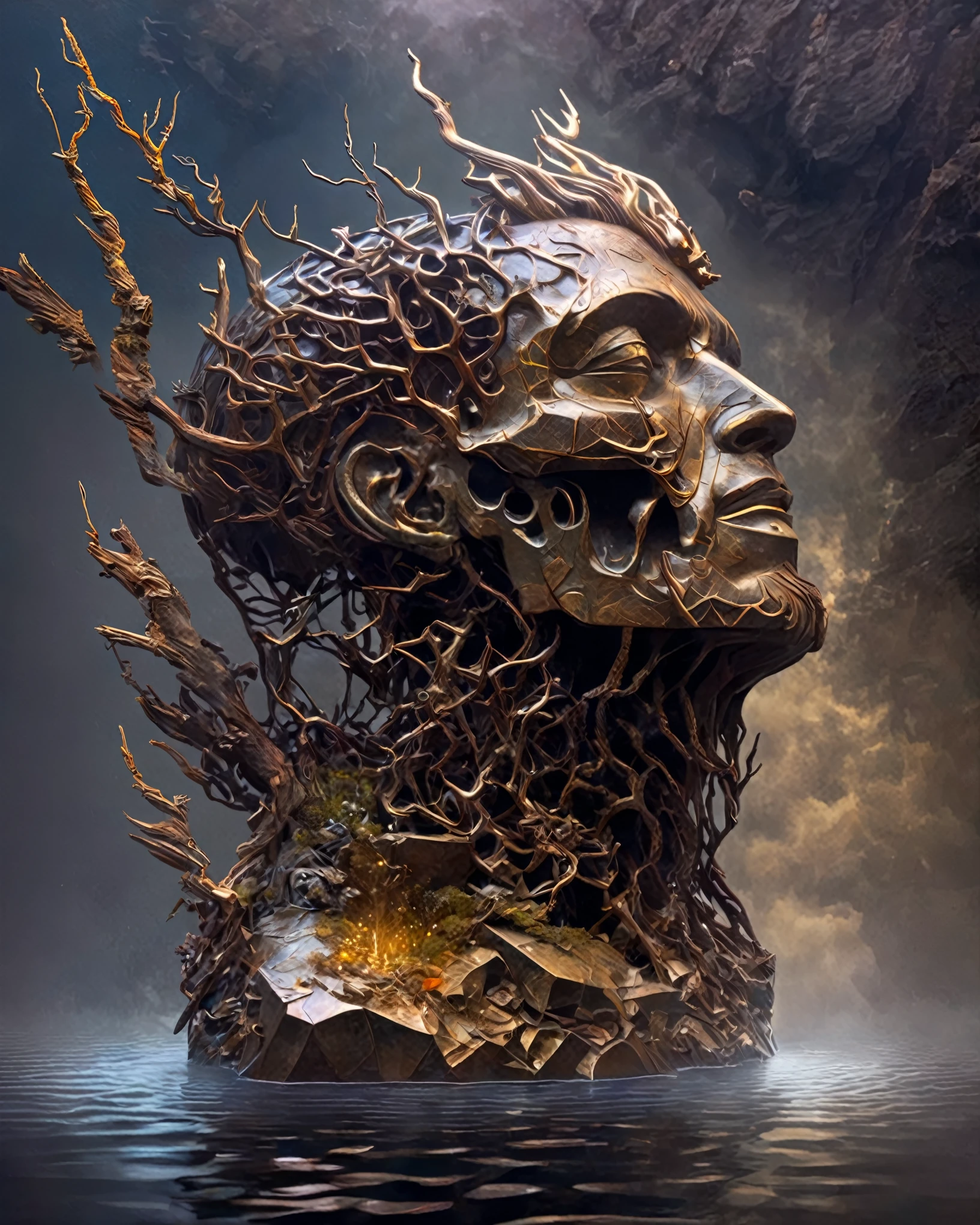 (Looking up angle），Big Dumb Object，（Portrait of huge handsome man head sculpture collapsed in water：1.3），Great Wilderness，Dense fog，old，Dead branches，Art style of Philip Hodas，Matte of the human soul, realism ，BDO works by American digital artist Stuart Lippincott，Use advanced tones and shading，Creates a dazzling and mysterious light，The deep spatial pattern and mysterious atmosphere,Create a sci-fi mechanical god realm,Highlighting the insignificance of human beings，and fear of the unknown，minimalist art，fantasy，Surrealism，