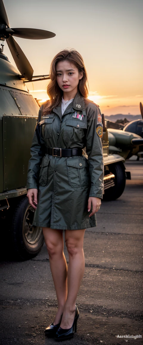 ((masterpiece, best quality, Highest image quality, High resolution, lifelike, original photo, 8K)), 1950s Film,film grain,at sunset,spectacular cloud formations,View of the military airport Alafid,There is a World War II fighter plane parked in front, with 机场searchlight, A female soldier is waiting for guests in front of the plane, serious, beautiful face,Highly detailed facial details,exquisite eyes,beautiful eyes,WWII military uniform and high heels, American female soldiers,Route 6 6, searchlight, 1 9 5 0 s United States Travel, some have searchlight, 外面searchlight, searchlight, gigantic searchlight, in arnie swicker, few searchlight, searchlight in background,