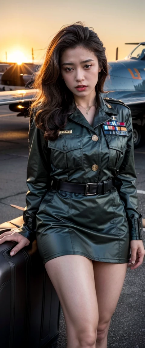 ((masterpiece, best quality, Highest image quality, High resolution, lifelike, original photo, 8K)), 1950s Film，film grain，at sunset，spectacular cloud formations，View of the military airport Alafid，There is a World War II fighter plane parked in front, with 机场searchlight, A female soldier is waiting for guests in front of the plane, serious, beautiful face，Highly detailed facial details，exquisite eyes，beautiful eyes，WWII military uniform and high heels, American female soldiers，Route 6 6, searchlight, 1 9 5 0 s United States Travel, some have searchlight, 外面searchlight, searchlight, gigantic searchlight, in arnie swicker, few searchlight, searchlight in background,