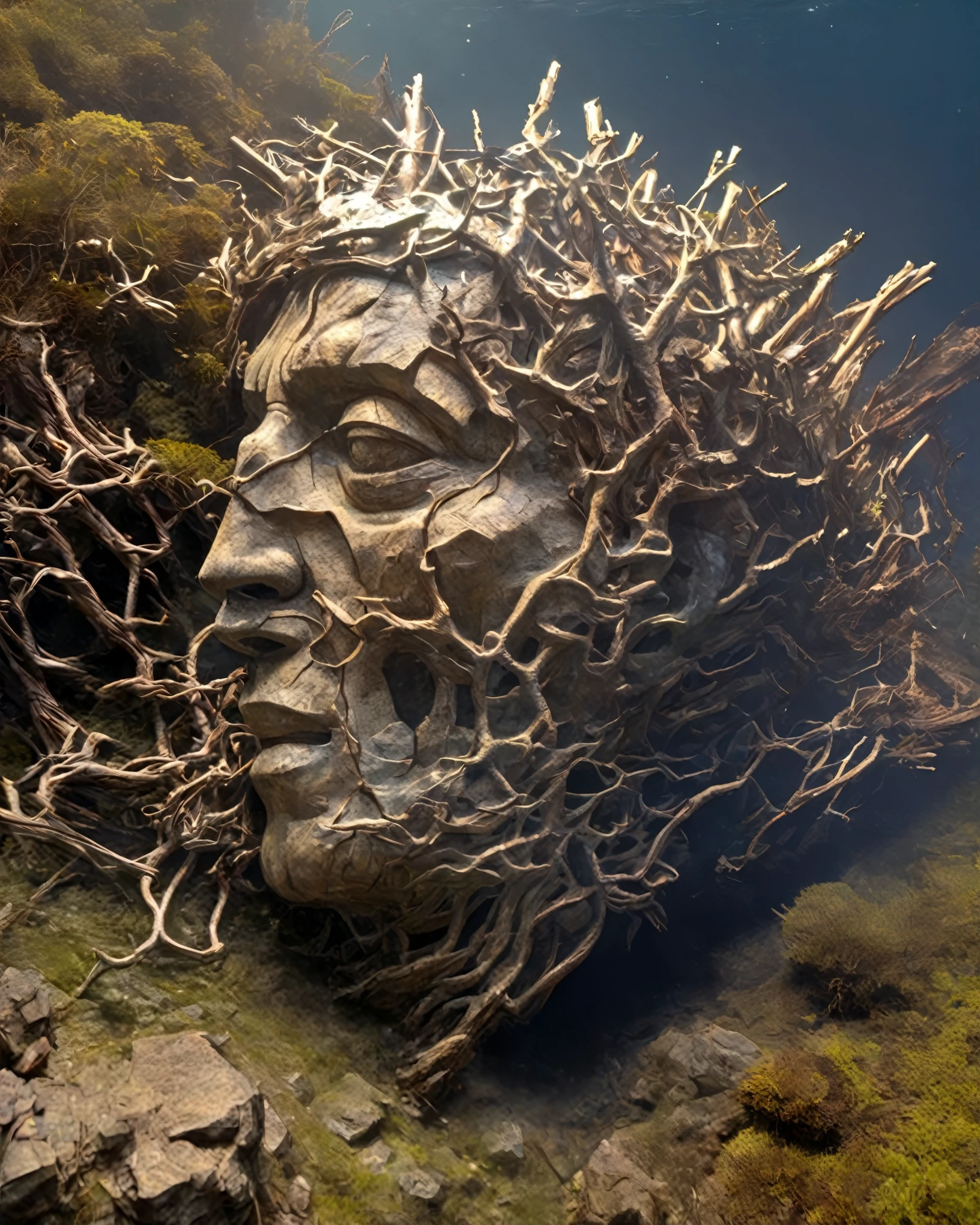 (Looking up angle），Big Dumb Object，（Portrait of huge handsome man head sculpture collapsed in water：1.3），Great Wilderness，Dense fog，old，Dead branches，Art style of Philip Hodas，Matte of the human soul, realism ，BDO works by American digital artist Stuart Lippincott，Use advanced tones and shading，Creates a dazzling and mysterious light，The deep spatial pattern and mysterious atmosphere,Create a sci-fi mechanical god realm,Highlighting the insignificance of human beings，and fear of the unknown，minimalist art，fantasy，Surrealism，