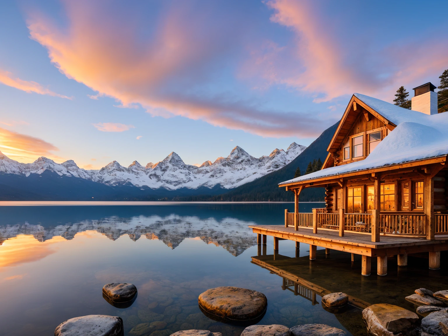 landscape, crystal clear lake, snow-capped mountains in the background, a wooden cabin on the coast with a fireplace and a porch with benches and a hammock, a shabby wooden pier, the sun setting on the mountain, golden sunset, photography, DSLR , wide angle, 8k, ultra realistic, high definition