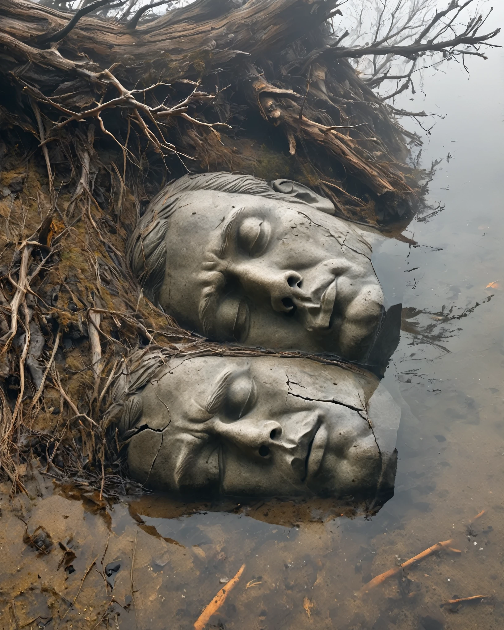 in a desolate landscape,(Close-up of a huge handsome sculpture head lying in the water)。The scene is shrouded in thick fog,Adds a sense of mystery and loneliness。The object itself appears dilapidated,There are cracks and signs of decay。the sculpture is surrounded by dry branches,In sharp contrast to the hazy background。Image quality reaches the highest level,Resolution is 4k or 8k,Capturing every intricate detail and texture。The realism of the artwork is emphasized,Demonstrating exquisite craftsmanship and lifelike characterization。Lighting is carefully planned,Cast shadows and create dramatic highlights,Enhances the overall atmosphere。Dark and soft tones are the main colors of the work.,Also adding some subtle desaturated tones and earthy tones。Tip Completed,Stable diffusion is possible。