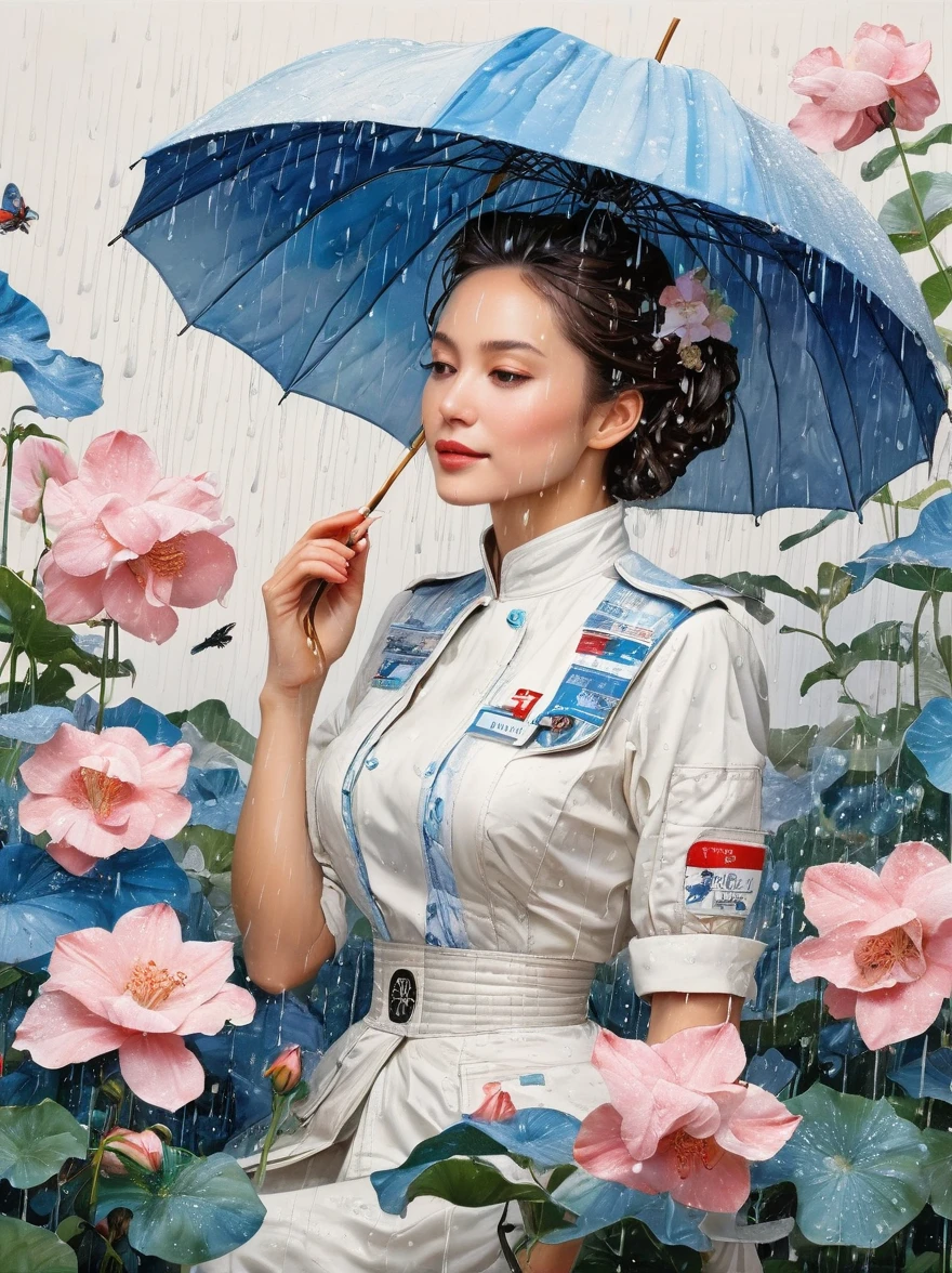 (painting:1.5), (National Science Foundation:1.2), A woman spins happily in the rain, 1 girl,flowery, Lycianthes ,Available in light pink and light blue styles..., Dreamy and romantic composition..., Flowers dropped on her face, Collage-based style, made from insects, William Wegman, colorism, White background, Pencil art illustration, National Geographic Photos, luxury, extravagant, fashionable, , abundant, grace, Breathtakingly beautiful, professional, high contrast, detailed, Describe a dreamlike appearance, whimsical scene，Elements appear to blend into the background, (Nurse in WWII costume ),,  Eduardo Cobra (Eduardo Kobra) Quilting , Geometric walls, portrait, until, chibi,
yang08k, fair, dyeing,
Main works, better quality, better quality, official art, Beautiful and beautiful, best posture,perfect fingers, touching