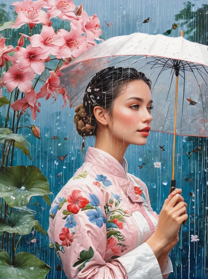 (painting:1.5), (National Science Foundation:1.2), A woman spins happily in the rain, 1 girl,flowery, Lycianthes ,Available in light pink and light blue styles..., Dreamy and romantic composition..., Flowers dropped on her face, Collage-based style, made from insects, William Wegman, colorism, White background, Pencil art illustration, National Geographic Photos, luxury, extravagant, fashionable, , abundant, grace, Breathtakingly beautiful, professional, high contrast, detailed, Describe a dreamlike appearance, whimsical scene,Elements appear to blend into the background, (Nurse in WWII costume ),, Eduardo Cobra (Eduardo Kobra) Quilting , Geometric walls, portrait, until, chibi,
yang08k, fair, dyeing,
Main works, better quality, better quality, official art, Beautiful and beautiful, best posture,perfect fingers, touching