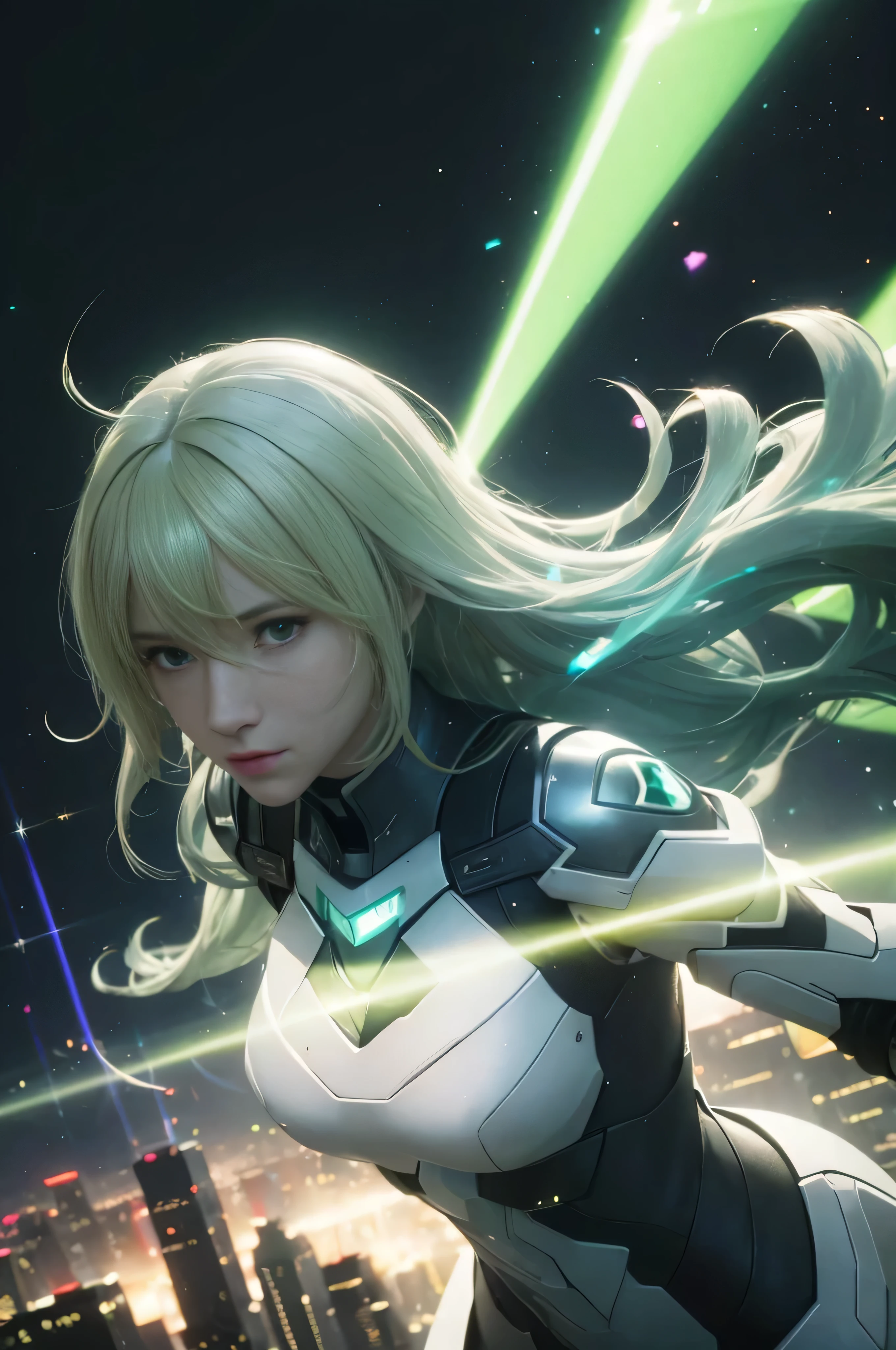 RAW image quality, Girl flying over futuristic city、(flight:1.4)、(city of the future:1.4)、(thick body:1.4)、(long blonde hair:1.4)、green eyes、HDR(high dynamic range)、ray tracing、NVIDIA RTX、super resolution、Unreal 5、subsurface scattering、PBR texturing、post processing、anisotropic filtering、Depth of the bounds written、Maximum clarity and sharpnesultilayer texture、Albedo map and specular map、surface shading、Accurate simulation of light-matter interactions、 Octane rendering、two tone lighting、Low ISO、White balance、Rule of thirds、wide aperture、8K RAW、efficient subpixel、subpixel convolution、(Light-emitting particles:1.4)、{{masterpiece、RAW image quality、highest quality、Highly detailed CG、Unity 8k wallpaper、3D、cinematic lighting、Lens flare}}、