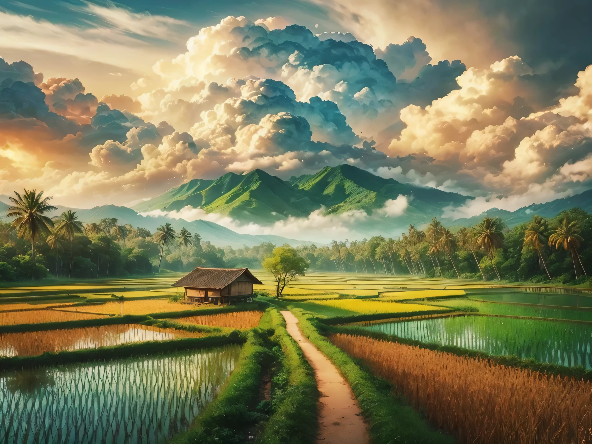 a beautiful rural picture with green rice fields, high mountains and bright blue skies, there is also a river which creates a beautiful rural atmosphere, there are small children playing on the edge of the rice fields, impressionism.