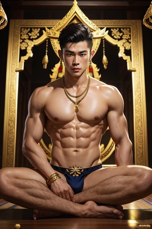 God, Thai style, man, shirtless., meditate, handsome, The body is in proportion., Gold jewelry has no bottom.,No underwear